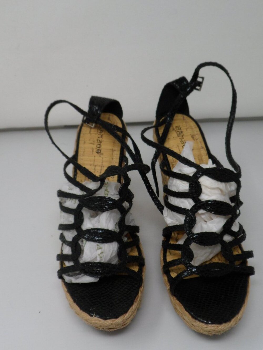 Ladies Bamboo Black Strappy Wedges 9